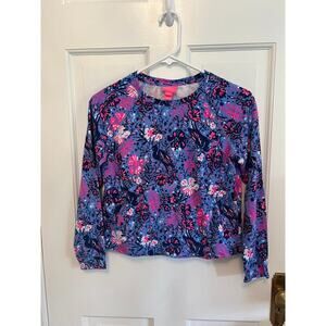 Lily Pulitzer Girl's XL 12-14 Mini Emmaline Long Sleeve Shirt Blue Pink Floral